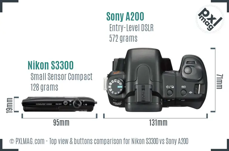Nikon S3300 vs Sony A200 top view buttons comparison