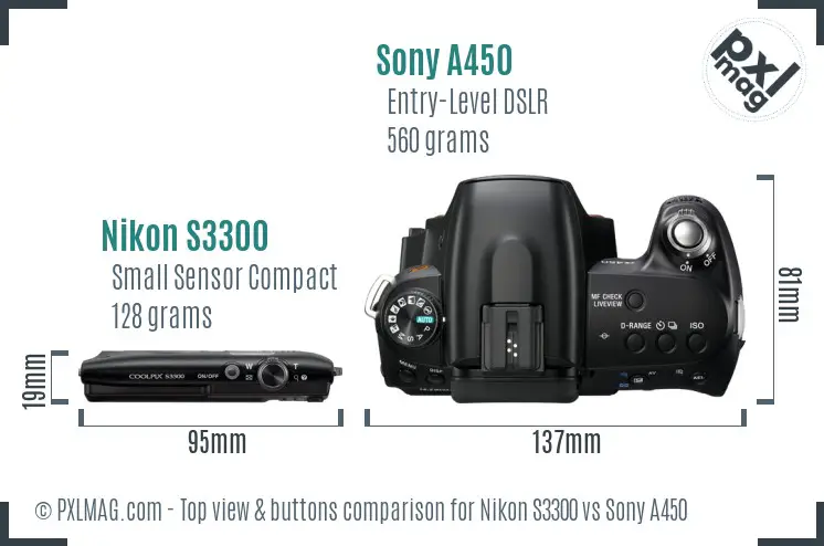 Nikon S3300 vs Sony A450 top view buttons comparison