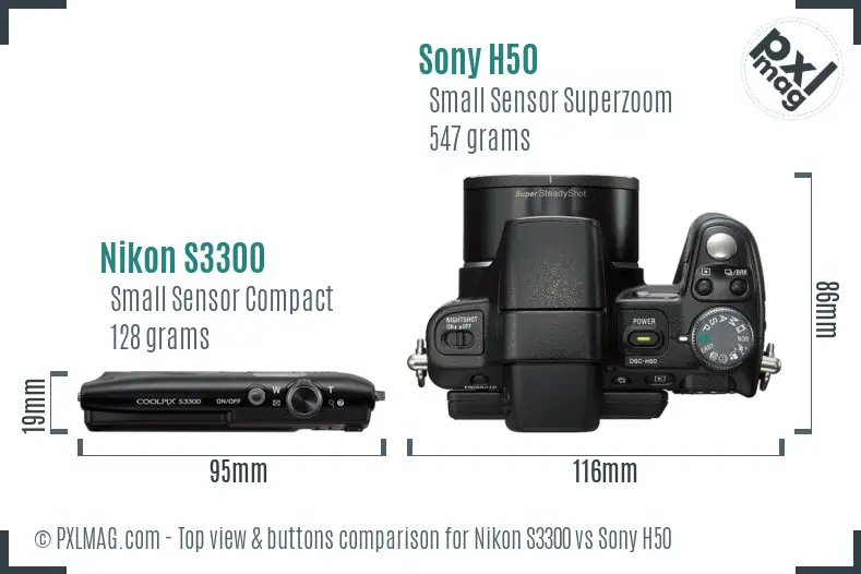 Nikon S3300 vs Sony H50 top view buttons comparison Nikon S3300 vs Sony H50 top view buttons comparison