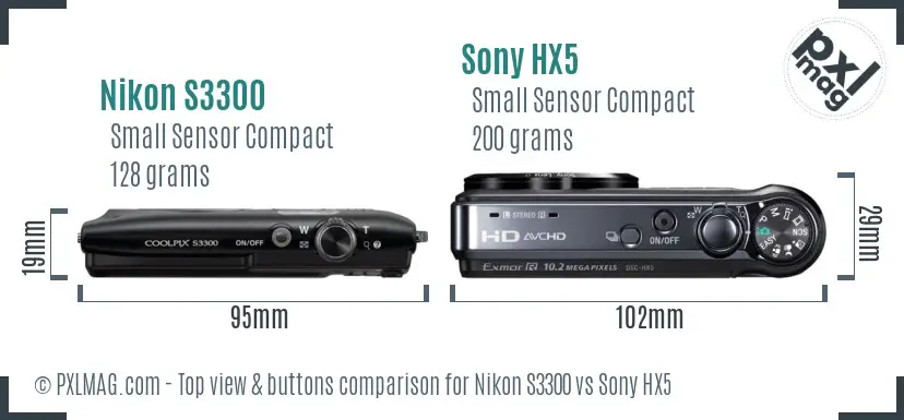 Nikon S3300 vs Sony HX5 top view buttons comparison