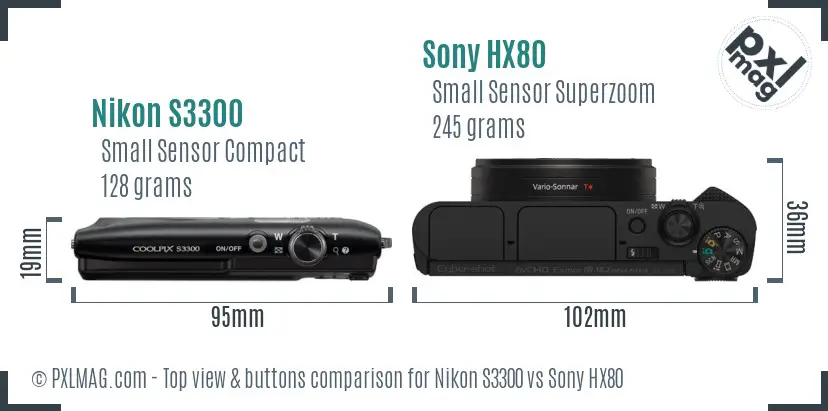 Nikon S3300 vs Sony HX80 top view buttons comparison