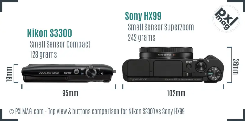 Nikon S3300 vs Sony HX99 top view buttons comparison