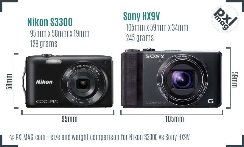 Nikon S3300 vs Sony HX9V size comparison