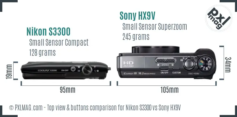 Nikon S3300 vs Sony HX9V top view buttons comparison