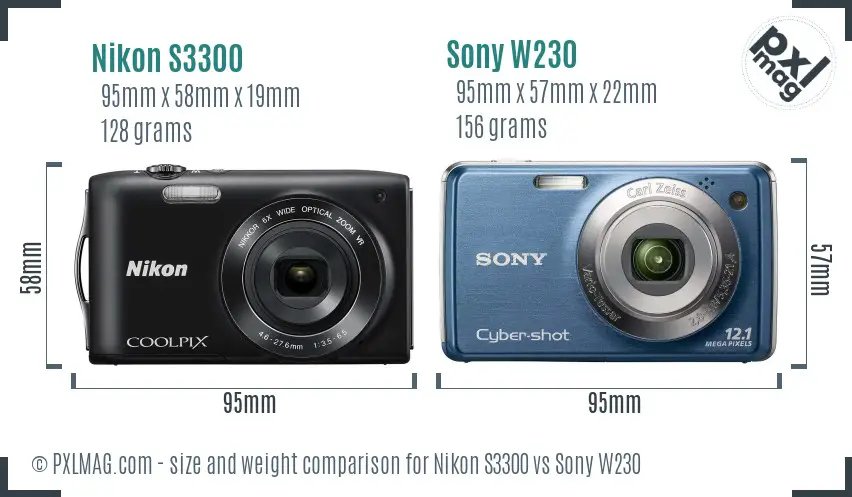 Nikon S3300 vs Sony W230 size comparison