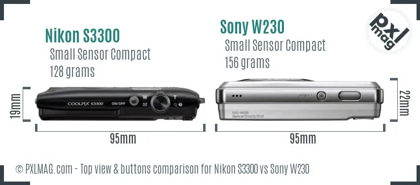 Nikon S3300 vs Sony W230 top view buttons comparison