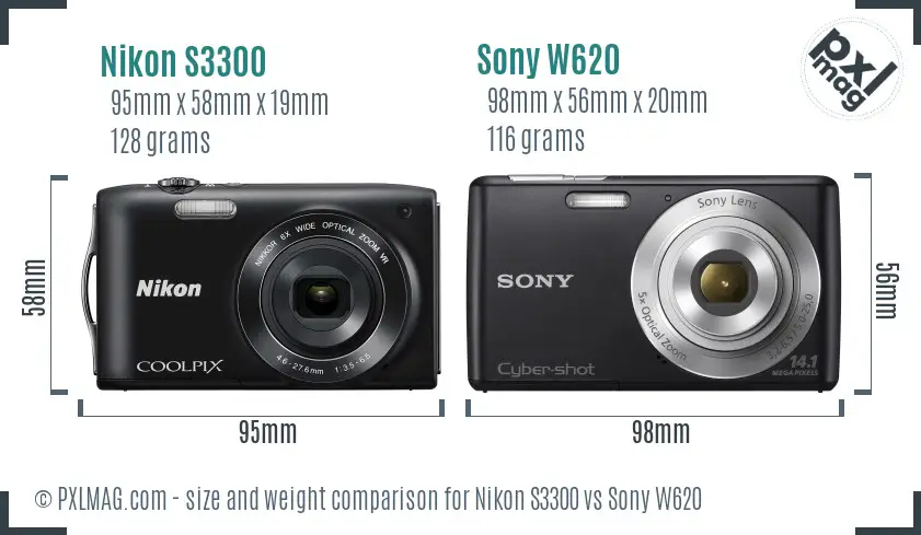 Nikon S3300 vs Sony W620 size comparison