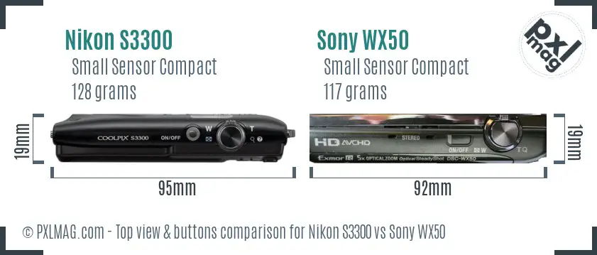Nikon S3300 vs Sony WX50 top view buttons comparison