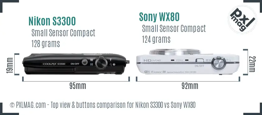 Nikon S3300 vs Sony WX80 top view buttons comparison Nikon S3300 vs Sony WX80 top view buttons comparison