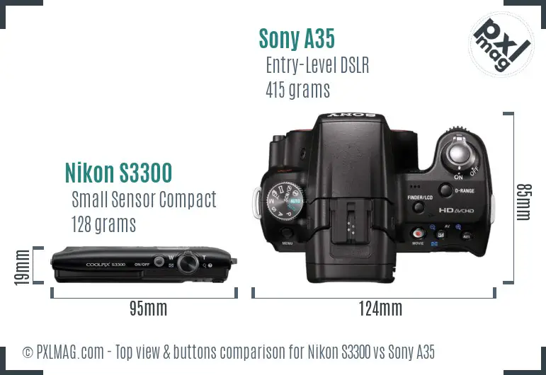 Nikon S3300 vs Sony A35 top view buttons comparison