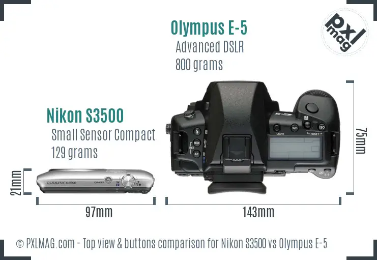 Nikon S3500 vs Olympus E-5 top view buttons comparison