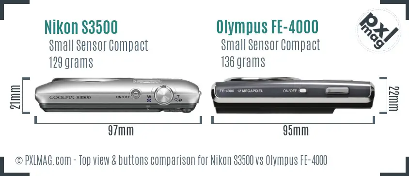 Nikon S3500 vs Olympus FE-4000 top view buttons comparison