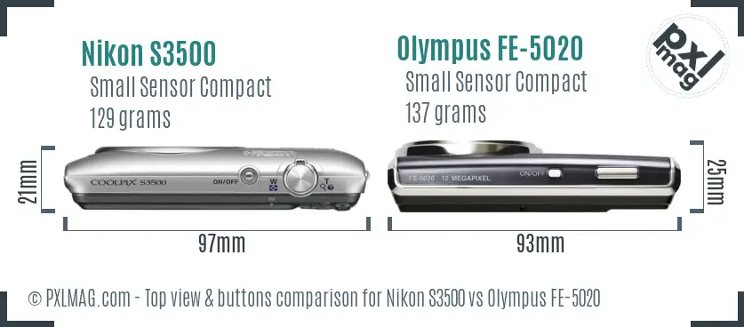 Nikon S3500 vs Olympus FE-5020 top view buttons comparison Nikon S3500 vs Olympus FE-5020 top view buttons comparison