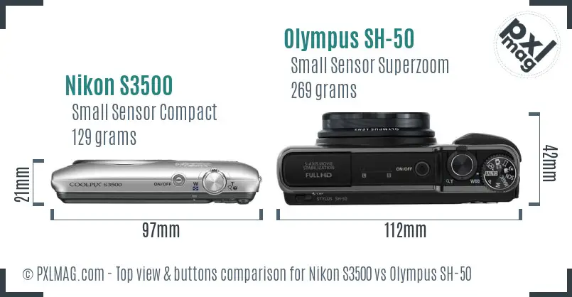 Nikon S3500 vs Olympus SH-50 top view buttons comparison