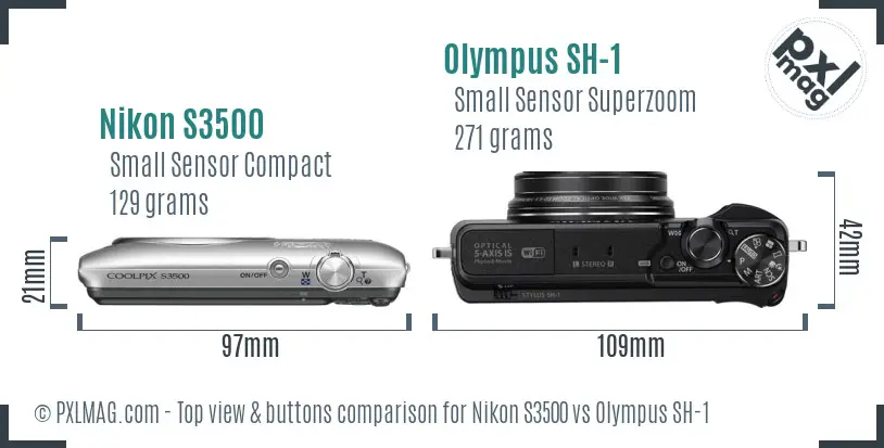 Nikon S3500 vs Olympus SH-1 top view buttons comparison