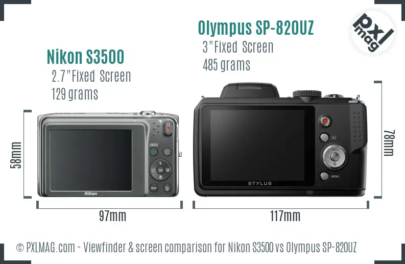Nikon S3500 vs Olympus SP-820UZ Screen and Viewfinder comparison