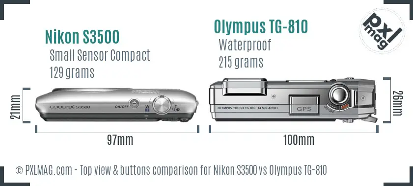 Nikon S3500 vs Olympus TG-810 top view buttons comparison Nikon S3500 vs Olympus TG-810 top view buttons comparison