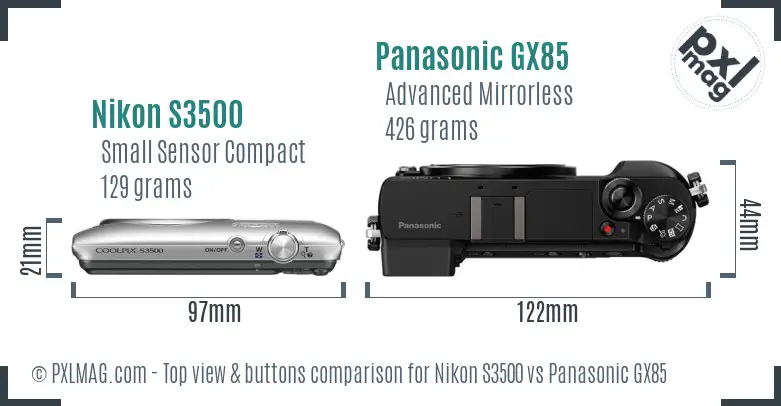 Nikon S3500 vs Panasonic GX85 top view buttons comparison