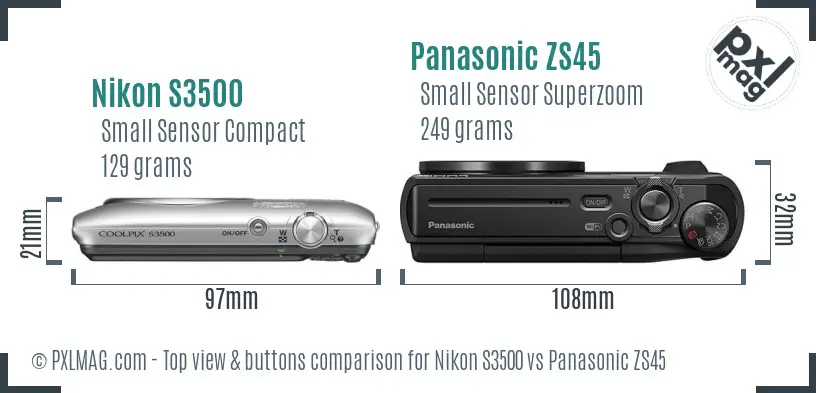 Nikon S3500 vs Panasonic ZS45 top view buttons comparison