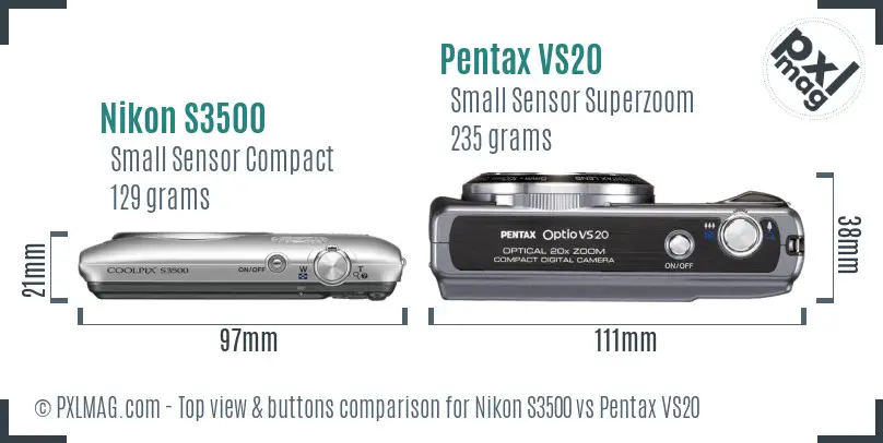 Nikon S3500 vs Pentax VS20 top view buttons comparison Nikon S3500 vs Pentax VS20 top view buttons comparison