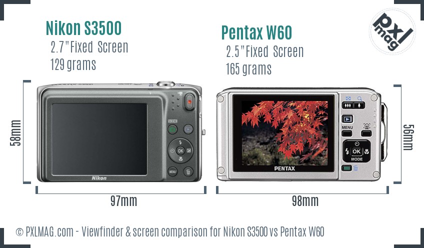 Nikon S3500 vs Pentax W60 Screen and Viewfinder comparison