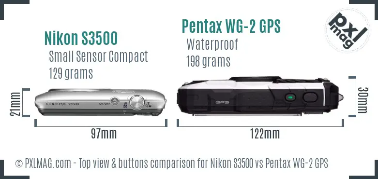 Nikon S3500 vs Pentax WG-2 GPS top view buttons comparison Nikon S3500 vs Pentax WG-2 GPS top view buttons comparison