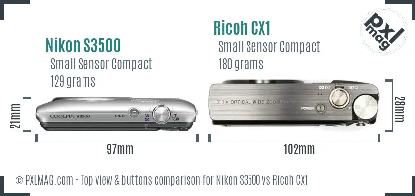 Nikon S3500 vs Ricoh CX1 top view buttons comparison