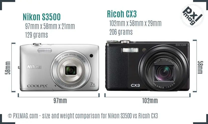 Nikon S3500 vs Ricoh CX3 size comparison