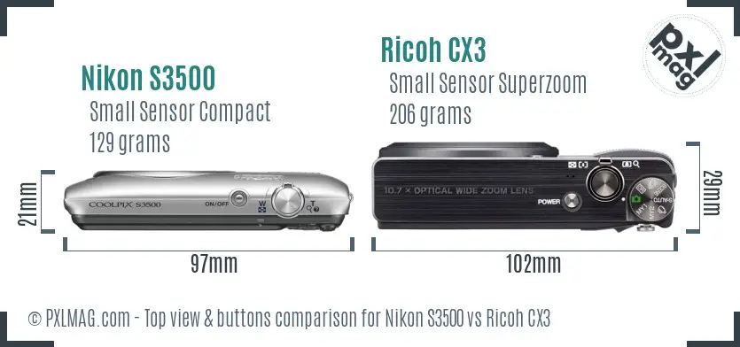 Nikon S3500 vs Ricoh CX3 top view buttons comparison