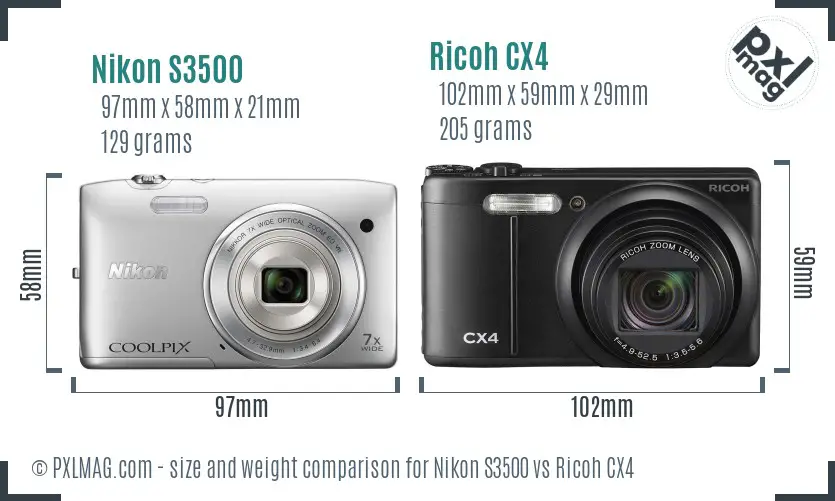 Nikon S3500 vs Ricoh CX4 size comparison