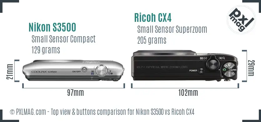 Nikon S3500 vs Ricoh CX4 top view buttons comparison
