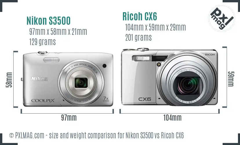 Nikon S3500 vs Ricoh CX6 size comparison