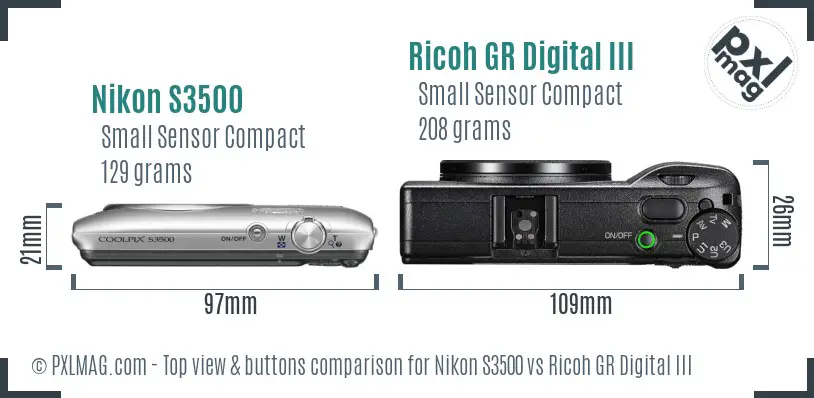 Nikon S3500 vs Ricoh GR Digital III top view buttons comparison