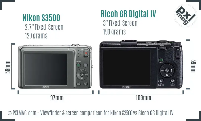 Nikon S3500 vs Ricoh GR Digital IV Screen and Viewfinder comparison