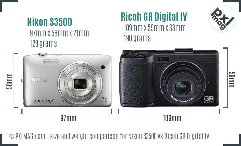 Nikon S3500 vs Ricoh GR Digital IV size comparison
