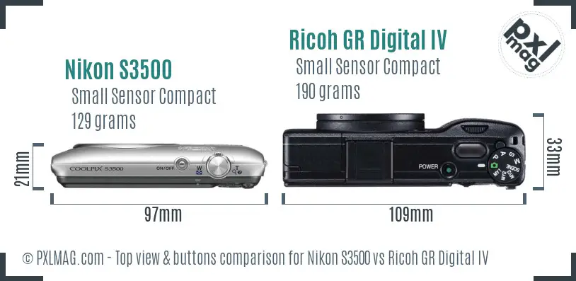 Nikon S3500 vs Ricoh GR Digital IV top view buttons comparison
