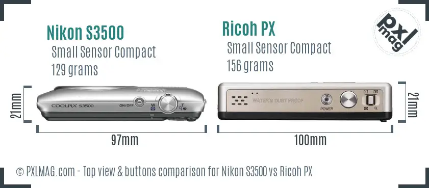 Nikon S3500 vs Ricoh PX top view buttons comparison Nikon S3500 vs Ricoh PX top view buttons comparison
