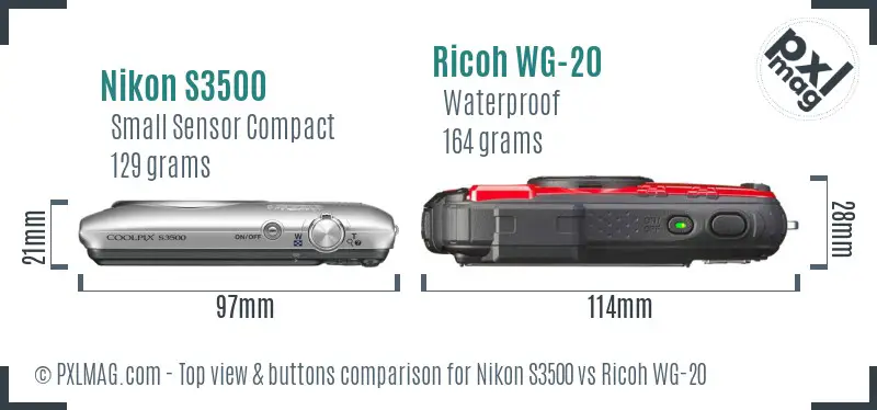 Nikon S3500 vs Ricoh WG-20 top view buttons comparison