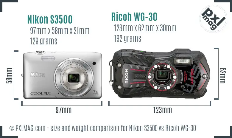 Nikon S3500 vs Ricoh WG-30 size comparison