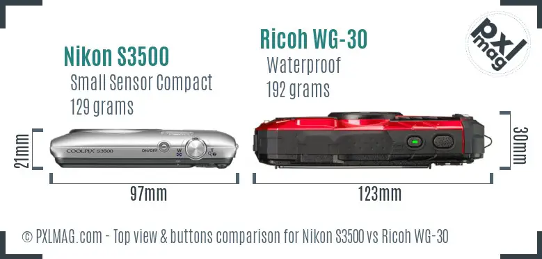 Nikon S3500 vs Ricoh WG-30 top view buttons comparison