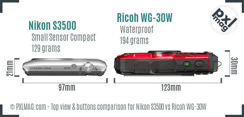Nikon S3500 vs Ricoh WG-30W top view buttons comparison