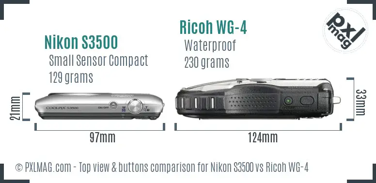 Nikon S3500 vs Ricoh WG-4 top view buttons comparison Nikon S3500 vs Ricoh WG-4 top view buttons comparison