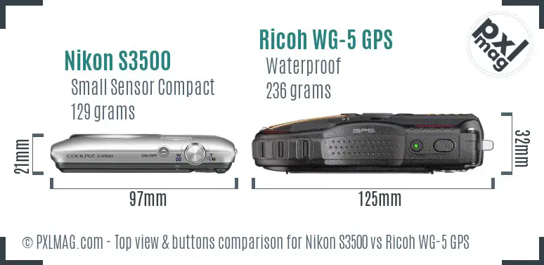 Nikon S3500 vs Ricoh WG-5 GPS top view buttons comparison