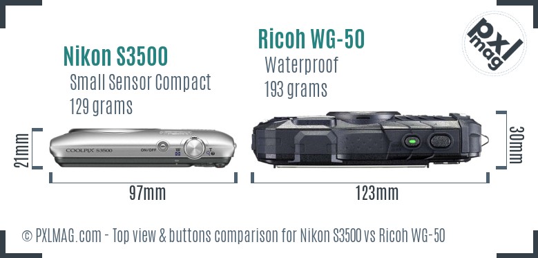 Nikon S3500 vs Ricoh WG-50 top view buttons comparison