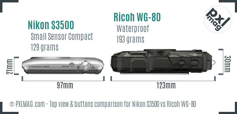 Nikon S3500 vs Ricoh WG-80 top view buttons comparison