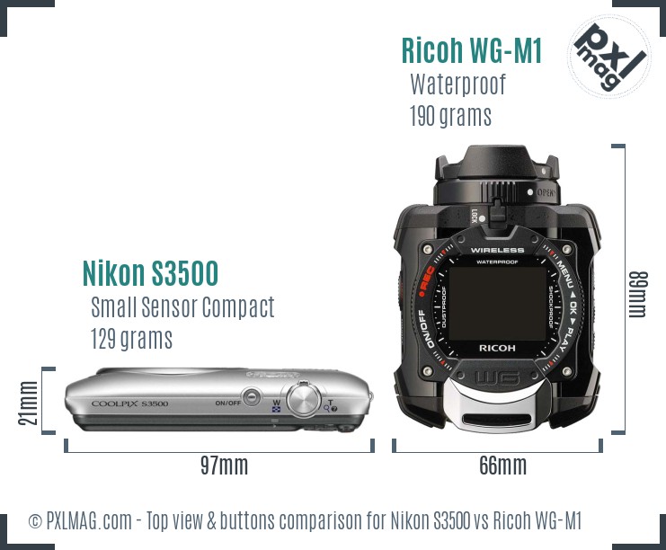 Nikon S3500 vs Ricoh WG-M1 top view buttons comparison