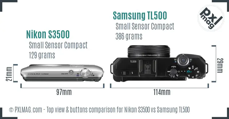 Nikon S3500 vs Samsung TL500 top view buttons comparison