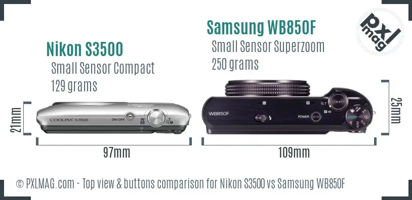 Nikon S3500 vs Samsung WB850F top view buttons comparison Nikon S3500 vs Samsung WB850F top view buttons comparison