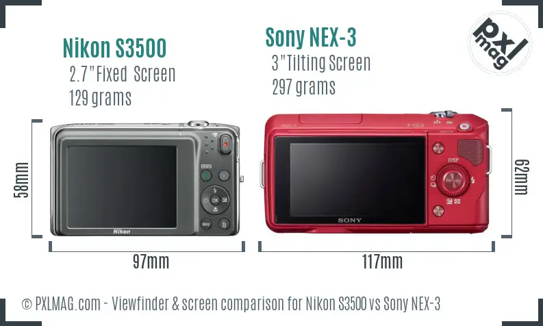 Nikon S3500 vs Sony NEX-3 Screen and Viewfinder comparison