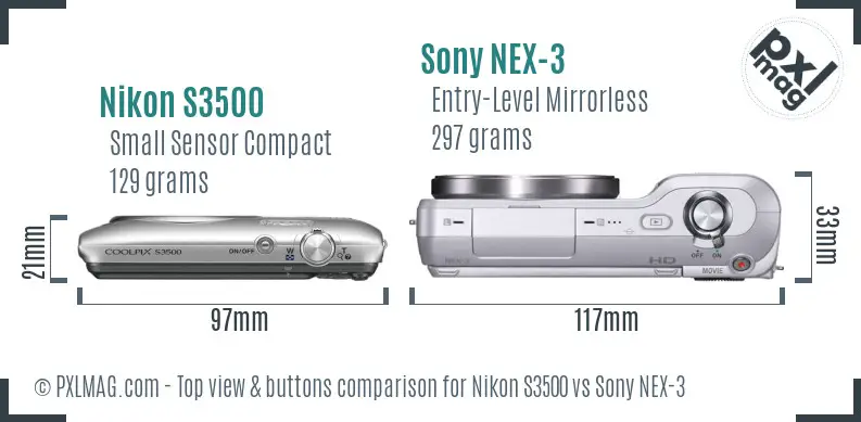 Nikon S3500 vs Sony NEX-3 top view buttons comparison